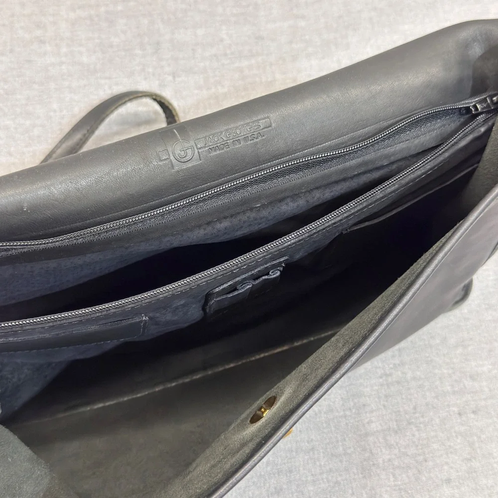 Jack Georges Black Leather Briefcase Messenger Bag Made in USA Brass Turn-lock